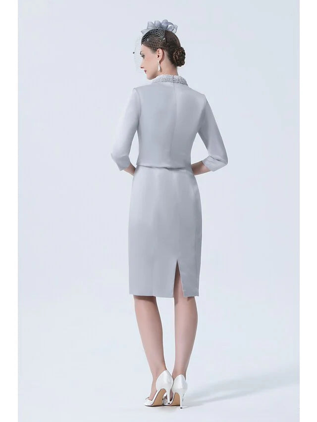 Wholesale Mother of the Bride Dress Plus Size Elegant Vintage High Neck Knee Length Satin 3/4 Length Sleeve with Crystals Appliques